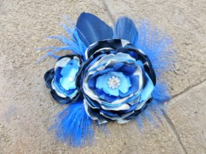 Navy, blue, silver satin flower hair accessory, feather acssent, fabric flower clip, fascinator - Image 3