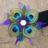 Peacock pearl wrist corsage, teal, turquoise, purple feather wristlet, rhinestone, bridesmaids, prom,  Customizable
