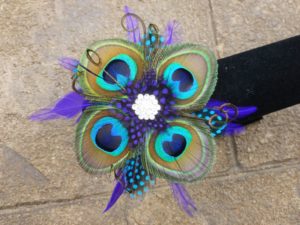 Peacock pearl wrist corsage, teal, turquoise, purple feather wristlet, rhinestone, bridesmaids, prom,  Customizable