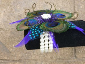 Peacock pearl wrist corsage, teal, turquoise, purple feather wristlet, rhinestone, bridesmaids, prom,  Customizable - Image 2