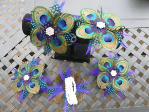 Peacock pearl wrist corsage, teal, turquoise, purple feather wristlet, rhinestone, bridesmaids, prom,  Customizable - Image 3