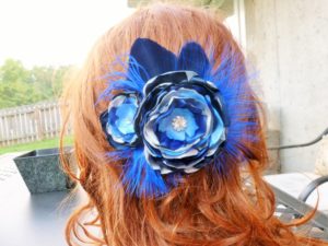 Navy, blue, silver satin flower hair accessory, feather acssent, fabric flower clip, fascinator