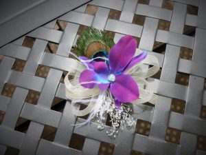 Galaxy orchid baby's breath hair accessory, hair clip, peacock feathers, ribbons, ostirch feather accent - Image 2