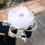 Peony wrist corsage, wristlet, lilies of the valley, burlap, pearl wristlet