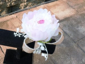 Peony wrist corsage, wristlet, lilies of the valley, burlap, pearl wristlet