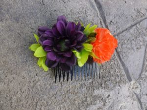 Autumn hair comb, eggplant purple, dark purple, tangarine daisy hair comb with green, lime, rustic country hair clip, hair accessory