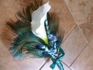 Small Calla lily peacock bouquet, single stem calla lily, blue and teal accent flowers - Image 3