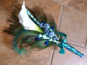 Small Calla lily peacock bouquet, single stem calla lily, blue and teal accent flowers
