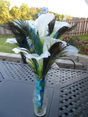 Small Calla lily peacock bouquet, single stem calla lily, blue and teal accent flowers - Image 4