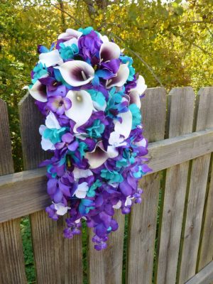 Purple turquoise cascade bouquet, artificial calla lily hydrangea purple cascading bridal bouquet, Malibu, purple blue orchid, galaxy orchid - Image 3
