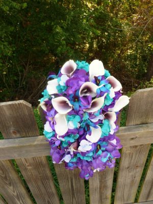 Purple turquoise cascade bouquet, artificial calla lily hydrangea purple cascading bridal bouquet, Malibu, purple blue orchid, galaxy orchid - Image 2
