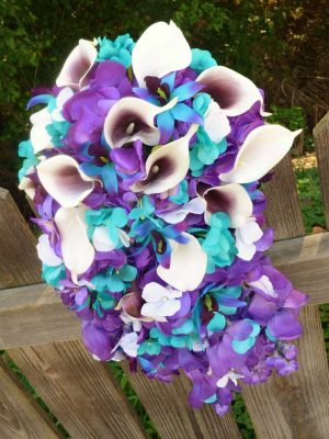 Purple turquoise cascade bouquet, artificial calla lily hydrangea purple cascading bridal bouquet, Malibu, purple blue orchid, galaxy orchid - Image 4