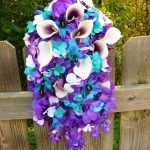 Purple turquoise cascade bouquet, artificial calla lily hydrangea purple cascading bridal bouquet, Malibu, purple blue orchid, galaxy orchid