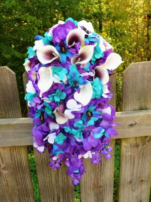 Purple turquoise cascade bouquet, artificial calla lily hydrangea purple cascading bridal bouquet, Malibu, purple blue orchid, galaxy orchid