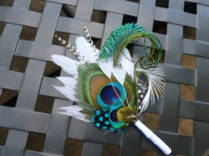 Peacock  boutonniere, white feather, customize ribbon color to match your wedding colors