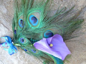 Royal purple calla lily peacock bouquet, Bridesmaids calla lily peacock feather bouquet, customize to match your wedding colors - Image 3