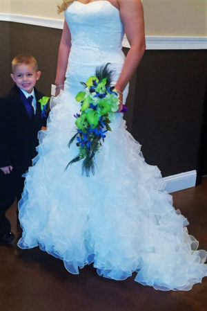 Purple blue orchid bouquet, hydrangeas, lime calla lilies, peacock feather bouquet , dendrobium orchids - Image 5