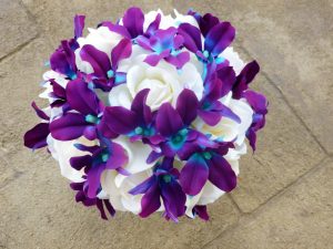 Purple blue orcid, galaxy orchid, real touch rose, white calla lily bridal bouquet, bride bouquet, island orchid,