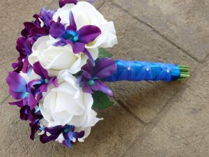 Purple blue orcid, galaxy orchid, real touch rose, white calla lily bridal bouquet, bride bouquet, island orchid, - Image 3