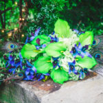 Purple blue orchid bouquet, hydrangeas, lime calla lilies, peacock feather bouquet , dendrobium orchids