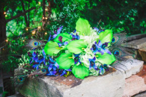 Purple blue orchid bouquet, hydrangeas, lime calla lilies, peacock feather bouquet , dendrobium orchids