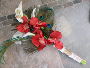 White calla lily red orchid bouquet with peacock feathers, burlap, jute, lace, rustic country theme bouquet, small bouquet, bridesmaids, tos