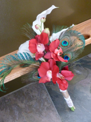 White calla lily red orchid bouquet with peacock feathers, burlap, jute, lace, rustic country theme bouquet, small bouquet, bridesmaids, tos - Image 2