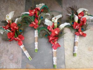 White calla lily red orchid bouquet with peacock feathers, burlap, jute, lace, rustic country theme bouquet, small bouquet, bridesmaids, tos - Image 5