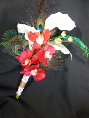 White calla lily red orchid bouquet with peacock feathers, burlap, jute, lace, rustic country theme bouquet, small bouquet, bridesmaids, tos - Image 4