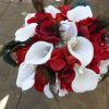 Red and white bridal bouquet, hydrangea, calla lily, artificial flower, bride bouquet with peacock feathers, rustic country, jute and lace
