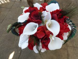 Red and white bridal bouquet, hydrangea, calla lily, artificial flower, bride bouquet with peacock feathers, rustic country, jute and lace