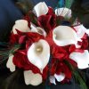 Red and white bridal bouquet, hydrangea, calla lily, artificial flower, bride bouquet with peacock feathers, rustic country, jute and lace - Image 2
