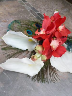 White calla lily red orchid bouquet with peacock feathers, burlap, jute, lace, rustic country theme bouquet, small bouquet, bridesmaids, tos - Image 3