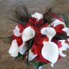 Red and white bridal bouquet, hydrangea, calla lily, artificial flower, bride bouquet with peacock feathers, rustic country, jute and lace - Image 3