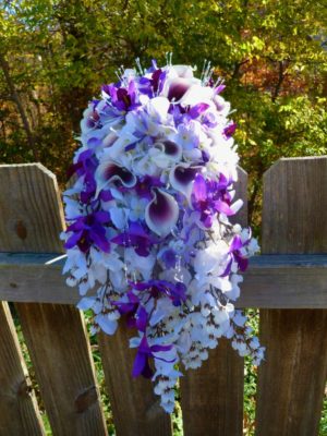 Cascading bridal bouquet with purple, plum, lavender - Image 4