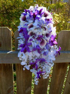 Cascading bridal bouquet with purple, plum, lavender - Image 3