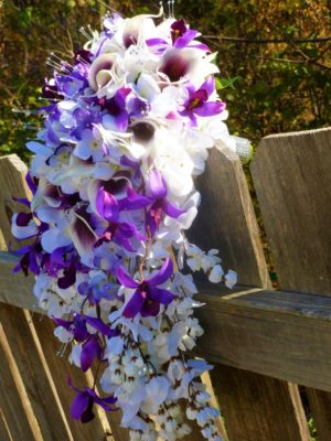 Cascading bridal bouquet with purple, plum, lavender - Image 5