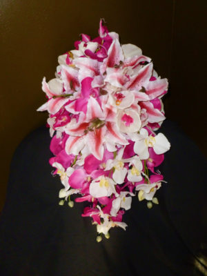 Pink fuchsia orchid and tiger lily cascading bouquet - Image 5