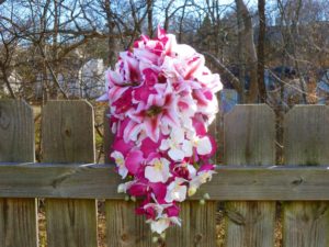 Pink fuchsia orchid and tiger lily cascading bouquet - Image 2