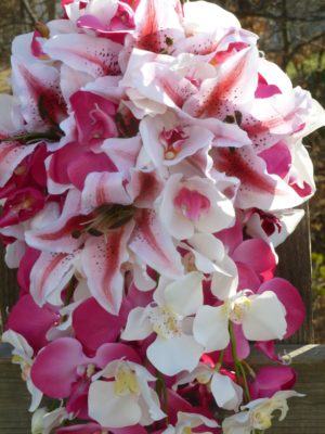 Pink fuchsia orchid and tiger lily cascading bouquet - Image 3