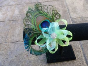 Peacock wrist corsage on pearl bracelet, peacock feather corsage, wristlet, customizable - Image 3