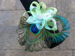 Peacock wrist corsage on pearl bracelet, peacock feather corsage, wristlet, customizable