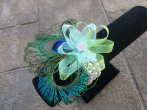 Peacock wrist corsage on pearl bracelet, peacock feather corsage, wristlet, customizable - Image 2