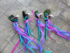 Flower girl wand, calla lily wand with peacock feathers
