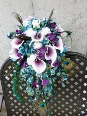 Teal plum cascading bouquet with picasso calla lilies, blue, purple hydrangea bouquet, teardrop bouquet, peacok feathers, pearls - Image 2