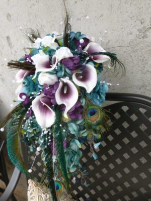Teal plum cascading bouquet with picasso calla lilies, blue, purple hydrangea bouquet, teardrop bouquet, peacok feathers, pearls - Image 5