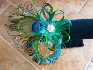Peacock wrist corsage on pearl bracelet, peacock feather corsage, wristlet, customizable - Image 4