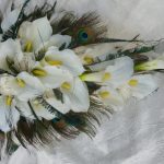 Calla lily & rose cascade bouquet with feathers, 50s style