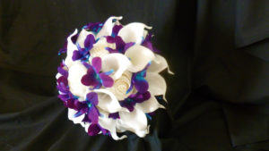 Purple blue orcid, galaxy orchid, ivory, white real touch rose, white calla lily bridal bouquet, bride bouquet, island orchid, - Image 4