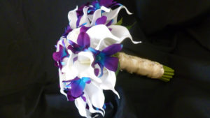 Purple blue orcid, galaxy orchid, ivory, white real touch rose, white calla lily bridal bouquet, bride bouquet, island orchid, - Image 5